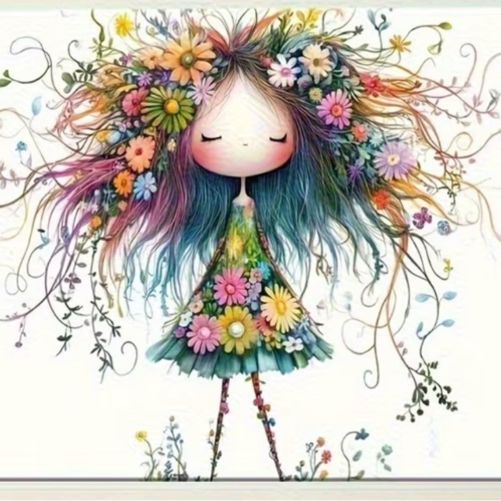 Colorful Floral Girl Art Print – Multicolor Home Painting approx 16x12 size